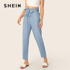 SHEIN Paperbag Waist Self Belted Pants Women Clothes 2019 Blue Casual High Waist Pants Solid Elastic Waist Spring Summer Pants