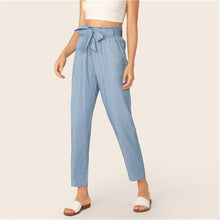 Load image into Gallery viewer, SHEIN Paperbag Waist Self Belted Pants Women Clothes 2019 Blue Casual High Waist Pants Solid Elastic Waist Spring Summer Pants