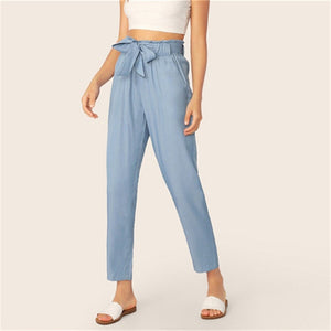 SHEIN Paperbag Waist Self Belted Pants Women Clothes 2019 Blue Casual High Waist Pants Solid Elastic Waist Spring Summer Pants