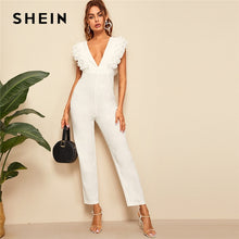 Load image into Gallery viewer, SHEIN Sexy White Deep V Neck Layered Pleated Ruffle Trim Jumpsuit Women Summer Short Sleeve High Waist V Back Maxi Jumpsuits