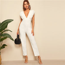 Load image into Gallery viewer, SHEIN Sexy White Deep V Neck Layered Pleated Ruffle Trim Jumpsuit Women Summer Short Sleeve High Waist V Back Maxi Jumpsuits