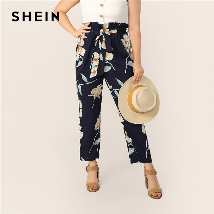 SHEIN Plus Size Navy Paperbag Waist Self Belted Pants 2019 Women Spring Summer Floral Print Boho Long Pocket Carrot Plus Pants