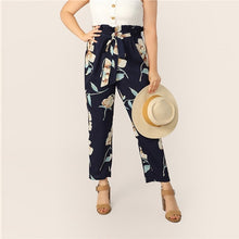 Load image into Gallery viewer, SHEIN Plus Size Navy Paperbag Waist Self Belted Pants 2019 Women Spring Summer Floral Print Boho Long Pocket Carrot Plus Pants