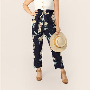 SHEIN Plus Size Navy Paperbag Waist Self Belted Pants 2019 Women Spring Summer Floral Print Boho Long Pocket Carrot Plus Pants