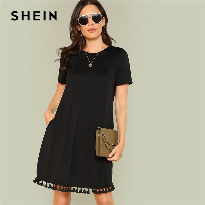 SHEIN Tassel Hem Side Pocket Tee Dress Women Summer Dress 2019 Pocket Fringe Shift Solid H Type Tunic Short Sleeve Dresses