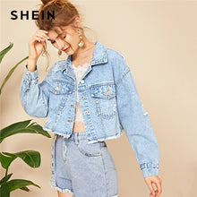 Load image into Gallery viewer, SHEIN Blue Ripped Frayed Edge Flakes Crop Denim Jeans Jacket Women Spring Autumn Single Breasted Casual Outwear Coat Jackets