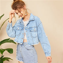 Load image into Gallery viewer, SHEIN Blue Ripped Frayed Edge Flakes Crop Denim Jeans Jacket Women Spring Autumn Single Breasted Casual Outwear Coat Jackets