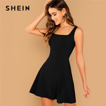 Load image into Gallery viewer, SHEIN Black Fit And Flare Solid Dress Elegant Straps Sleeveless Plain A Line Dresses Women Summer Autumn Zipper Short Dress