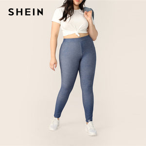 SHEIN Plus Size Blue High Waist Long Soild Leggings 2019 Women Spring Summer Casual Fashion Skinny Stretchy Sporty Leggings