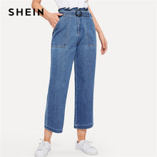 Load image into Gallery viewer, SHEIN Paperbag Waist Ring Belted Wide Leg Jeans 2019 Ruffle Waist Culotte Jeans With Belt Blue High Waist Women Trousers