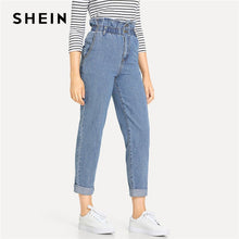 Load image into Gallery viewer, SHEIN Blue Rolled Hem Frill High Waist Jeans 3 Colors 2019 Women Spring Plain Pocket Zipper Elastic Waist Casual Pants Trousers