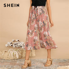 Load image into Gallery viewer, SHEIN Boho Pink Frilled Waist Botanical Pleated Floral Culotte Pants Women 2019 Spring Elastic Waist Mid Waist Trousers