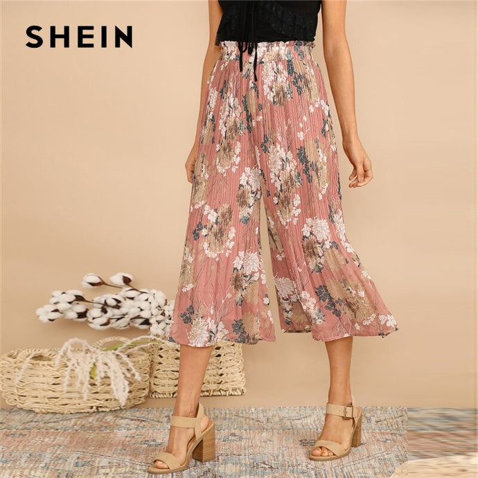 SHEIN Boho Pink Frilled Waist Botanical Pleated Floral Culotte Pants Women 2019 Spring Elastic Waist Mid Waist Trousers