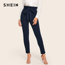 Load image into Gallery viewer, SHEIN Elegant Paperbag Waist Belted Detail Solid High Waist Pants Women Skinny Frill Trim Elastic Waist Spring Summer Pants