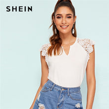 Load image into Gallery viewer, SHEIN V Cut Guipure Lace Trim White T Shirt Women Stretchy Slim Fit Solid Tshirt Elegant Raglan Sleeve Summer Ladies Tops