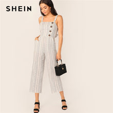 Load image into Gallery viewer, SHEIN Beige Button Front Tie Back Slant Pocket Striped Jumpsuit Women Straps Sleeveless Wide Leg Overall Elegant Boho Jumpsuits