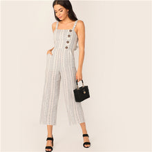 Load image into Gallery viewer, SHEIN Beige Button Front Tie Back Slant Pocket Striped Jumpsuit Women Straps Sleeveless Wide Leg Overall Elegant Boho Jumpsuits