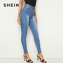 Load image into Gallery viewer, SHEIN Bleach Wash Pocket Stretchy Skinny Jeans Woman Casual Denim High Waist Jeans Button and Zipper Fly Blue Ladies Jeans