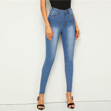 Load image into Gallery viewer, SHEIN Bleach Wash Pocket Stretchy Skinny Jeans Woman Casual Denim High Waist Jeans Button and Zipper Fly Blue Ladies Jeans