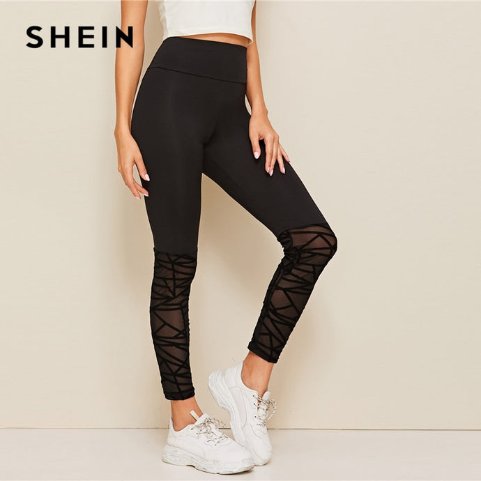 SHEIN Flocked Mesh Hem Skinny Leggings 2019 Black Stretchy Womens Clothing Workout Leggings Contrast Mesh Sheer Casual Leggings