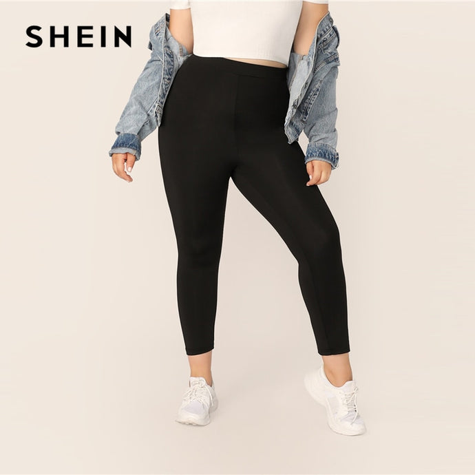 SHEIN Plus Size Black Solid Leggings 2019 Women Casual Crop Basics Long Skinny Fitness Stretchy Sporty Plus Leggings Pants