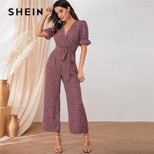 Load image into Gallery viewer, SHEIN Elegant Wrap Front Ditsy Floral Wide Leg Belted Jumpsuit Women Summer Autumn Short Sleeve High Waist V Neck Boho Jumpsuits