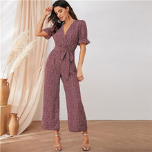 Load image into Gallery viewer, SHEIN Elegant Wrap Front Ditsy Floral Wide Leg Belted Jumpsuit Women Summer Autumn Short Sleeve High Waist V Neck Boho Jumpsuits