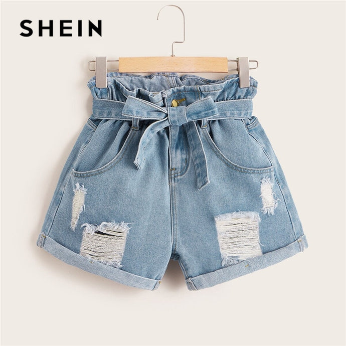 SHEIN Ripped Rolled Hem Denim Shorts Women Blue Pocket High Waist Shorts Summer Casual Straight Leg Ladies Belted Jean Shorts