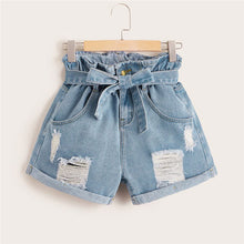 Load image into Gallery viewer, SHEIN Ripped Rolled Hem Denim Shorts Women Blue Pocket High Waist Shorts Summer Casual Straight Leg Ladies Belted Jean Shorts