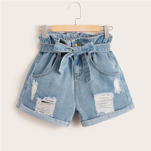 SHEIN Ripped Rolled Hem Denim Shorts Women Blue Pocket High Waist Shorts Summer Casual Straight Leg Ladies Belted Jean Shorts