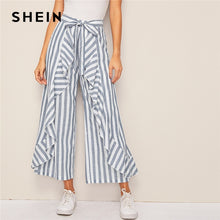 Load image into Gallery viewer, SHEIN Two Tone Ruffle Trim Belted Palazzo Pants Boho High Waist Wide Leg Pants Spring Summer Loose Striped Women Trousers