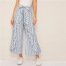 Load image into Gallery viewer, SHEIN Two Tone Ruffle Trim Belted Palazzo Pants Boho High Waist Wide Leg Pants Spring Summer Loose Striped Women Trousers