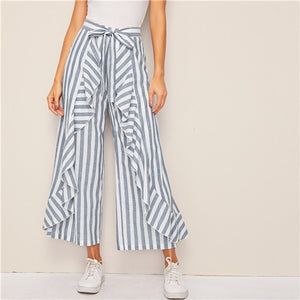 SHEIN Two Tone Ruffle Trim Belted Palazzo Pants Boho High Waist Wide Leg Pants Spring Summer Loose Striped Women Trousers