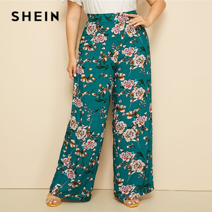 SHEIN Plus Size Green High Waist Floral Print Wide Leg Pants 2019 Women Summer Boho Casual Long Loose Plus Trousers Pants