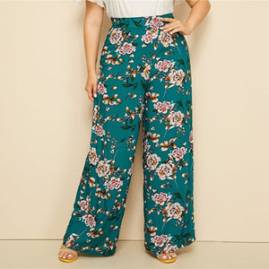 SHEIN Plus Size Green High Waist Floral Print Wide Leg Pants 2019 Women Summer Boho Casual Long Loose Plus Trousers Pants