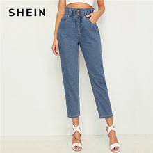 Load image into Gallery viewer, SHEIN Ruffle Waist Crop Tapered Jeans Woman 2019 Casual Blue High Waist Jeans Elastic Waist Crop Denim Pants Ladies Jeans