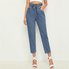 Load image into Gallery viewer, SHEIN Ruffle Waist Crop Tapered Jeans Woman 2019 Casual Blue High Waist Jeans Elastic Waist Crop Denim Pants Ladies Jeans