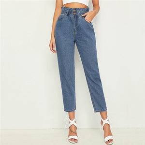 SHEIN Ruffle Waist Crop Tapered Jeans Woman 2019 Casual Blue High Waist Jeans Elastic Waist Crop Denim Pants Ladies Jeans