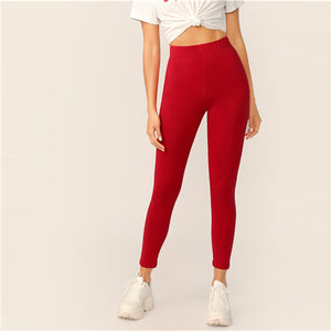 SHEIN Elastic Waist Solid Leggings 2019 Black Red Spring Autumn Stretchy Solid Leggings Sexy Womens Clothing Workout Leggings