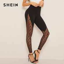 Load image into Gallery viewer, SHEIN Wide Waistband Star Mesh Panel Leggings 2019 Black Contrast Mesh Sheer Spring Summer Galaxy Pattern Sexy Women Leggings