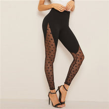 Load image into Gallery viewer, SHEIN Wide Waistband Star Mesh Panel Leggings 2019 Black Contrast Mesh Sheer Spring Summer Galaxy Pattern Sexy Women Leggings