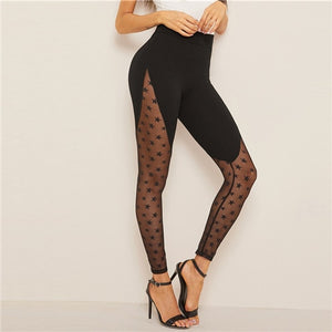 SHEIN Wide Waistband Star Mesh Panel Leggings 2019 Black Contrast Mesh Sheer Spring Summer Galaxy Pattern Sexy Women Leggings