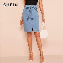 Load image into Gallery viewer, SHEIN Slit Front Belted Denim Skirt Women Summer Casual Fashion Shift Skirts Blue Solid Zipper Korean Style Skirts