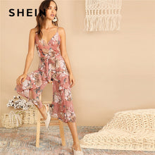 Load image into Gallery viewer, SHEIN Boho Surplice Neck Botanical Ruffle Cami Wide Leg Jumpsuit Women Deep V Neck Sleeveless Sexy Jumpsuit Summer Jumpsuit