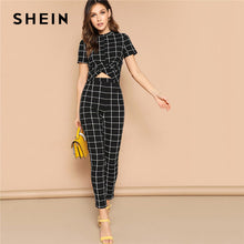 Load image into Gallery viewer, SHEIN Twist Front Grid Crop Top And Skinny Pants Matching Set Women Clothing Spring Elegant Short Sleeve Plaid Two Piece Set