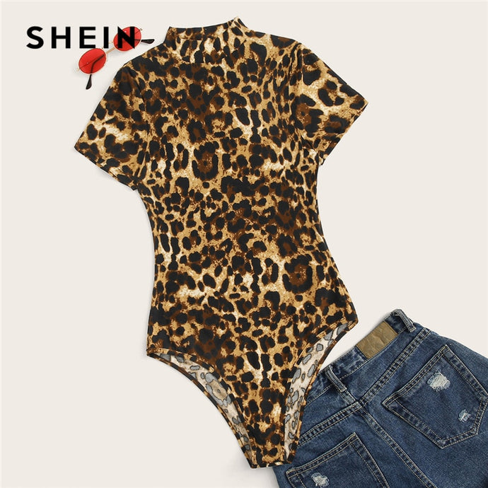 SHEIN Plus Size Multicolor Mock-Neck Leopard Print Bodysuit 2019 Women Summer Casual Stand Collar Short Sleeve Plus Bodysuits