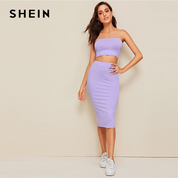 SHEIN Crop Bandeau Top And Split Pencil Skirt Set 2019 Purple Solid Strapless Sleeveless Sexy Summer Slim Fit Two Piece Set